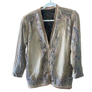 Vintage Womens Jacket Size Large Tan Hand Painted Suede Floral Casual